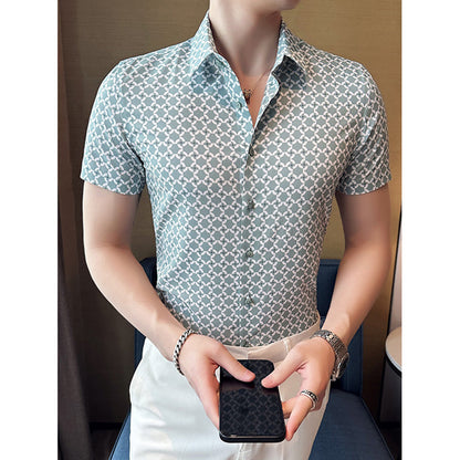 Mens Slim Fit Printed Business Short Sleeve Shirt