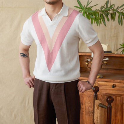 V-neck Casual Color-Block Knitted Shirt