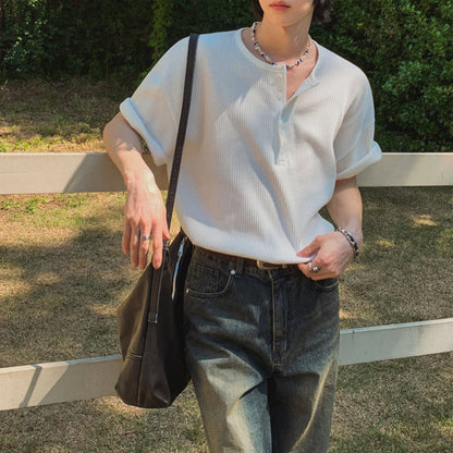 Henley Collar Loose Casual T-shirt