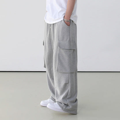 Drapey Gray Cargo Pants, Loose Wide-Leg Long Pants