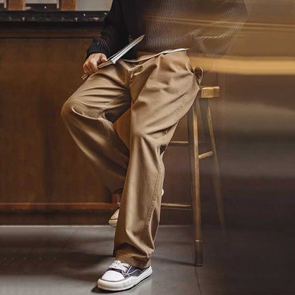 Vintage Distressed Loose Straight Cotton Twill Trousers