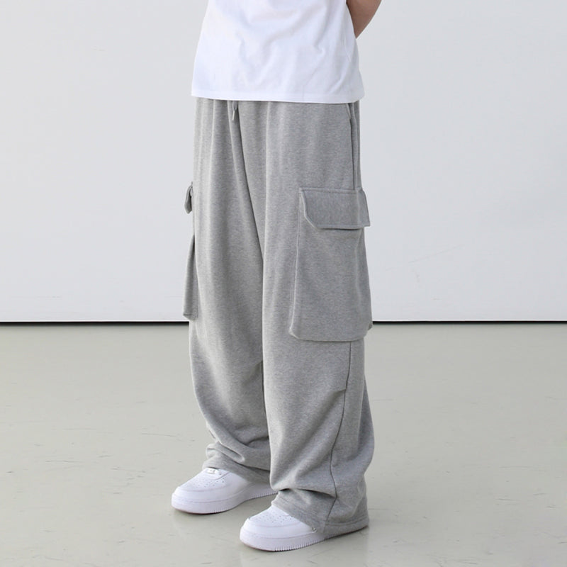 Drapey Gray Cargo Pants, Loose Wide-Leg Long Pants