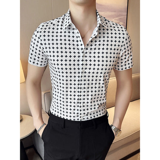 Mens Slim Fit Printed Business Short Sleeve Shirt