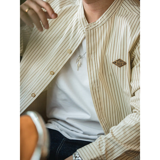 Mens Retro Stand Collar Vertical Pinstripe Long Sleeve Shirt