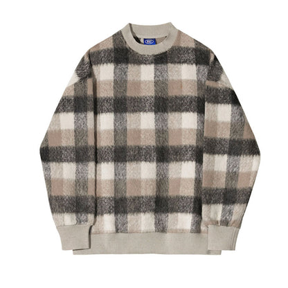 Men's Casual Plaid Color Block Round Neck Loose Sweatshirt
