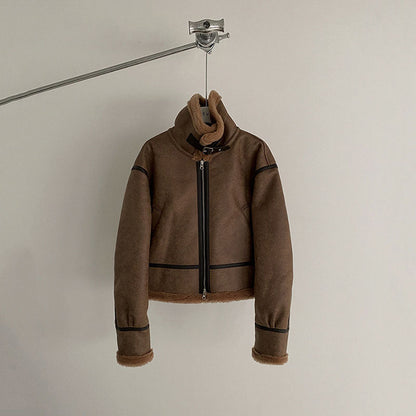 Men's Short Loose-fitting Stand-collar Faux Leather Jacket