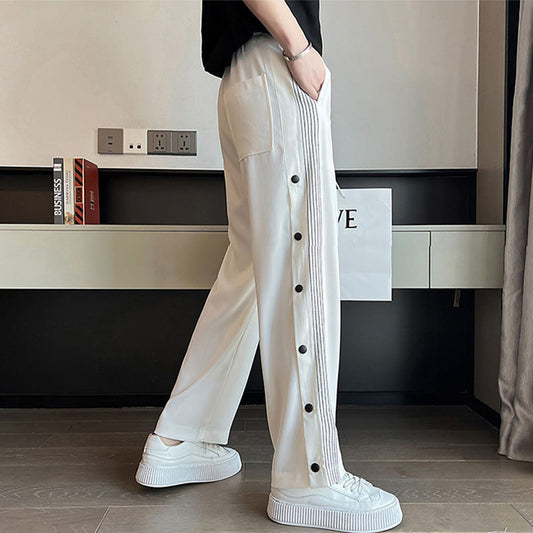 Men's Casual Straight Sports Button-down Nine-point Loose Vertical Pattern Pants