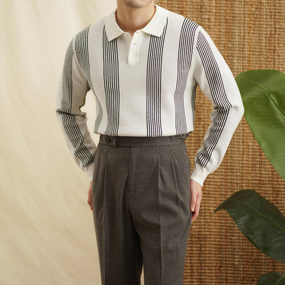 Men's Vertical Striped Colorblock Lapel Sweater