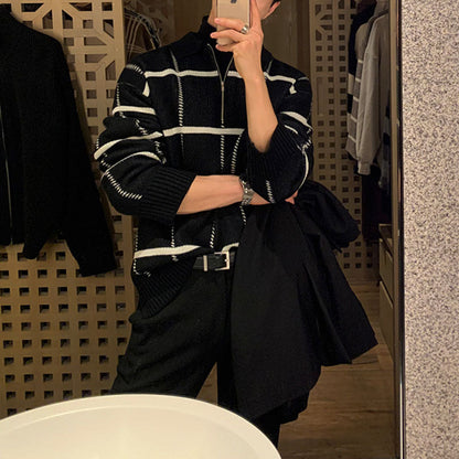 Men's Retro Lapel Plaid Loose Casual Sweater