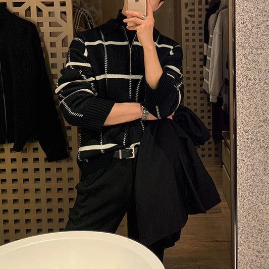 Men's Retro Lapel Plaid Loose Casual Sweater