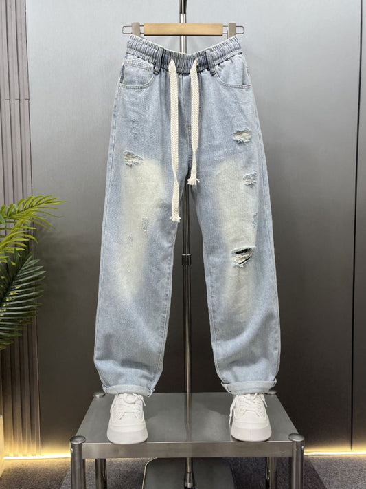 American Drawstring Ripped Denim Harem Wide-leg Pants