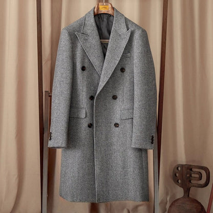 Mid-Length Double-Breasted Wool Blend Herringbone Coat