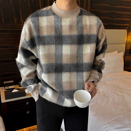 Men's Casual Plaid Color Block Round Neck Loose Sweatshirt