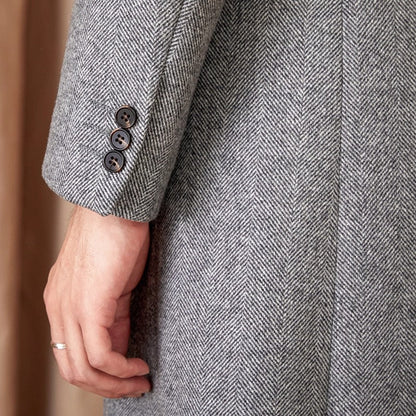 Mid-Length Double-Breasted Wool Blend Herringbone Coat