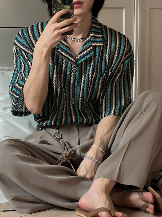 Striped Loose Casual Cuban Collar Shirt