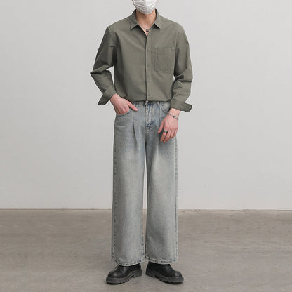 Solid Color Pointed Collar Casual Cotton Shirt