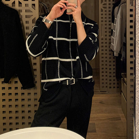 Men's Retro Lapel Plaid Loose Casual Sweater