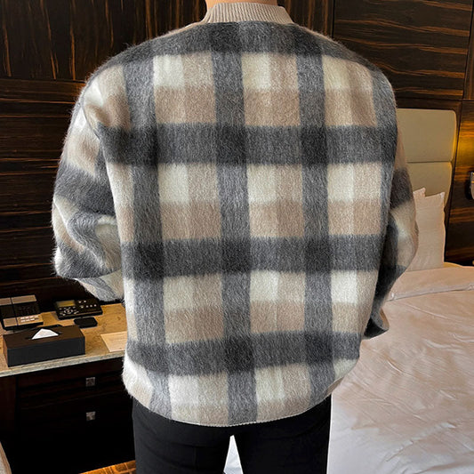 Men's Casual Plaid Color Block Round Neck Loose Sweatshirt