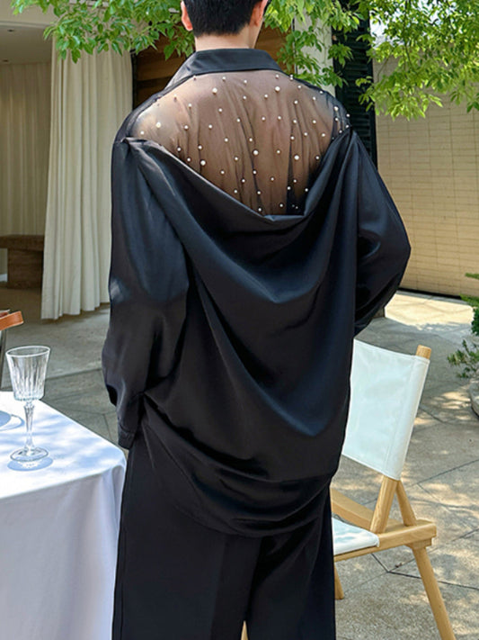Mesh Beaded Satin Drape Shirt