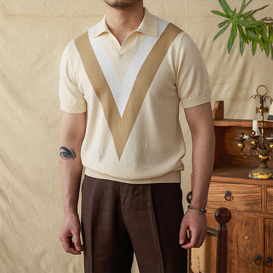 V-neck Casual Color-Block Knitted Shirt