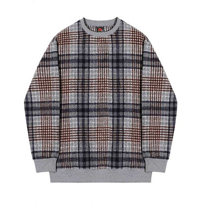 Men's Color Block Plaid Loose Round Neck Long Sleeve Retro Sweatshirt