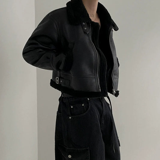 Men's Short Loose-fitting Stand-collar Faux Leather Jacket