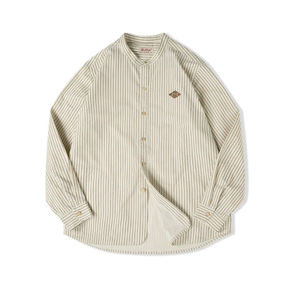 Mens Retro Stand Collar Vertical Pinstripe Long Sleeve Shirt