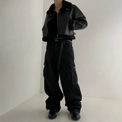 Men's Short Loose-fitting Stand-collar Faux Leather Jacket