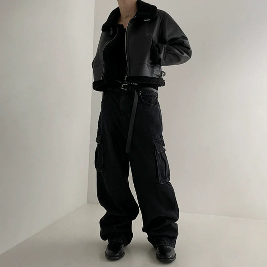 Men's Short Loose-fitting Stand-collar Faux Leather Jacket