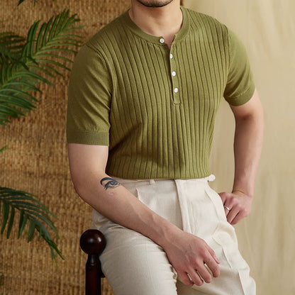 Striped Button Short-Sleeved T-shirt