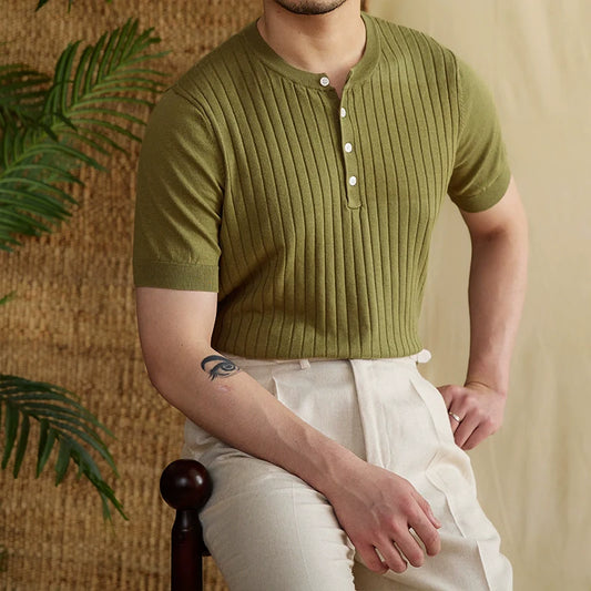 Striped Button Short-Sleeved T-shirt