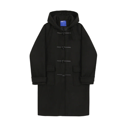 Horn Button Hooded Lapel Woolen Windbreaker