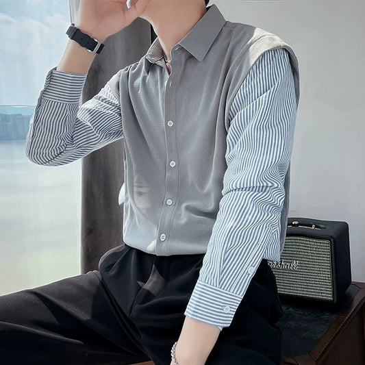 Men's Casual Loose Striped Shirt Sweater Vest Cardigan Jacket