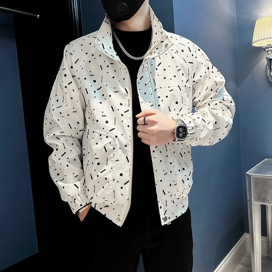 Men's Casual Stand Collar Printed Loose Jacket