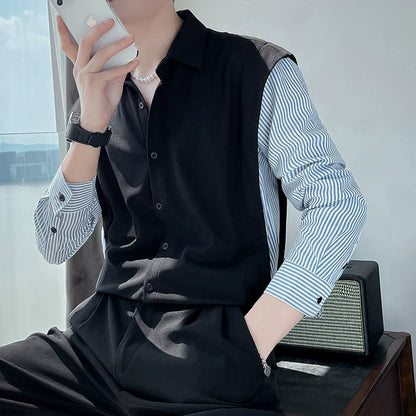Men's Casual Loose Striped Shirt Sweater Vest Cardigan Jacket