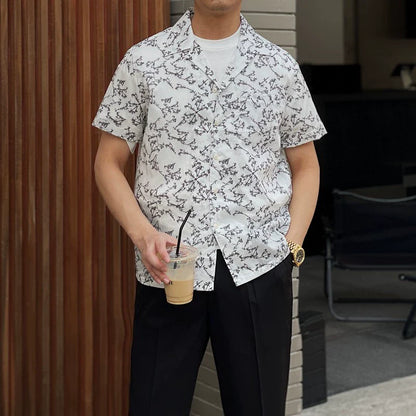 Mens Summer Cuban Collar Retro Short-sleeved Floral Shirt