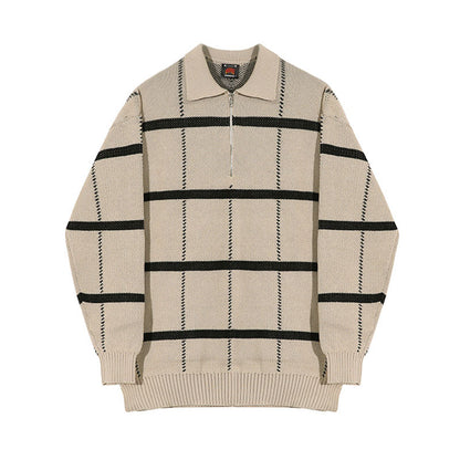Men's Retro Lapel Plaid Loose Casual Sweater