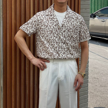 Mens Summer Cuban Collar Retro Short-sleeved Floral Shirt