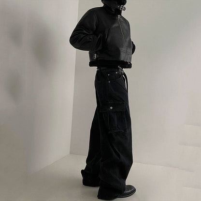 Men's Short Loose-fitting Stand-collar Faux Leather Jacket
