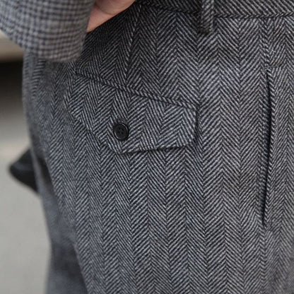 Herringbone Wool Loose Wide-leg Suit Trousers