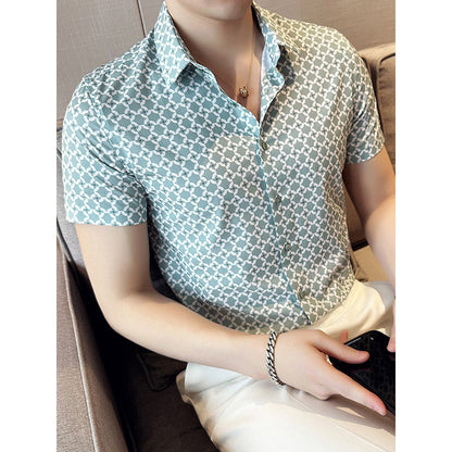 Mens Slim Fit Printed Business Short Sleeve Shirt