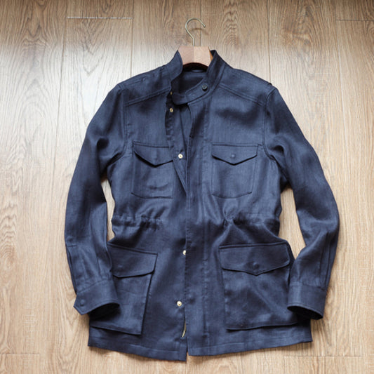 Summer 100% Linen Herringbone Unstructured Waist Trench jacket