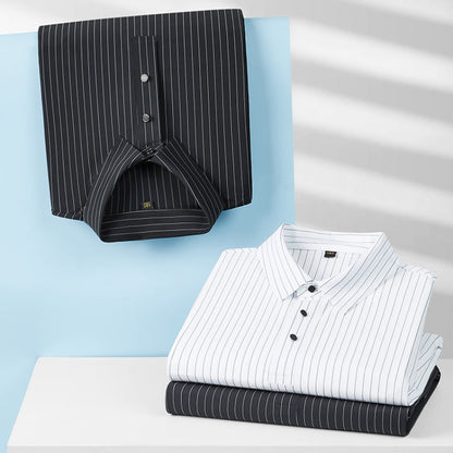 High Elastic Ice Silk Striped Loose POLO Shirt