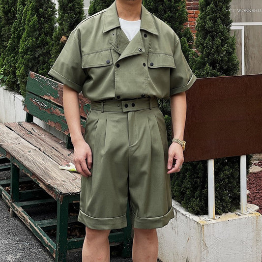 Summer Work Wear Double Breasted Casual Shirt Shorts Suit