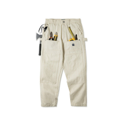 Mens Vintage Straight-leg Multi-pocket Work Jeans
