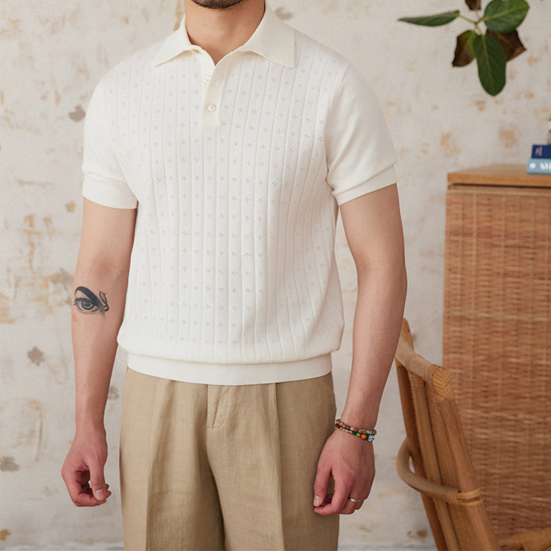 Vintage Lapel Pure Cotton Hollow POLO Shirt