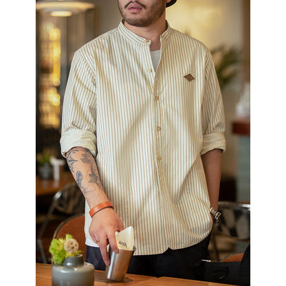 Mens Retro Stand Collar Vertical Pinstripe Long Sleeve Shirt