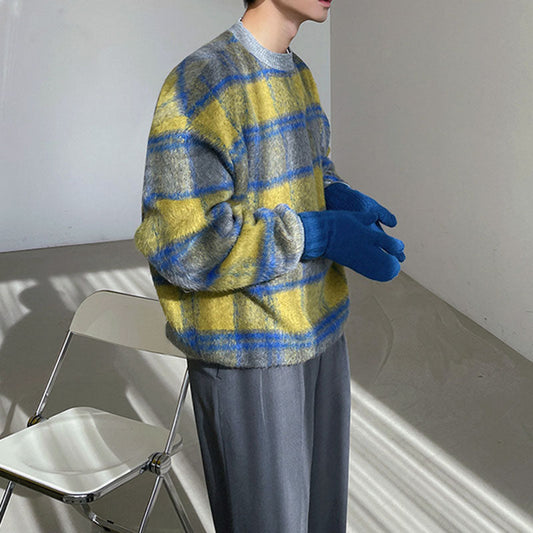 Men's Loose Spliced Round Neck Plaid Casual Sweatshirt