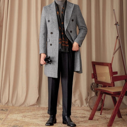 Mid-Length Double-Breasted Wool Blend Herringbone Coat