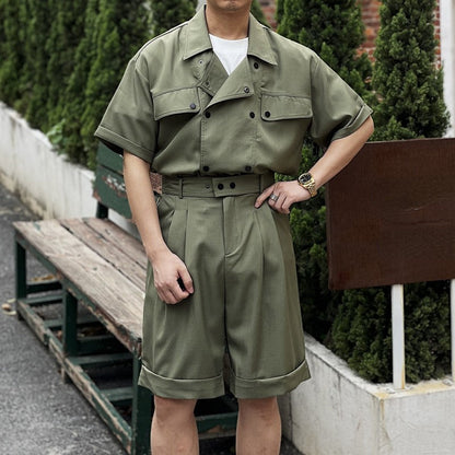 Summer Work Wear Double Breasted Casual Shirt Shorts Suit